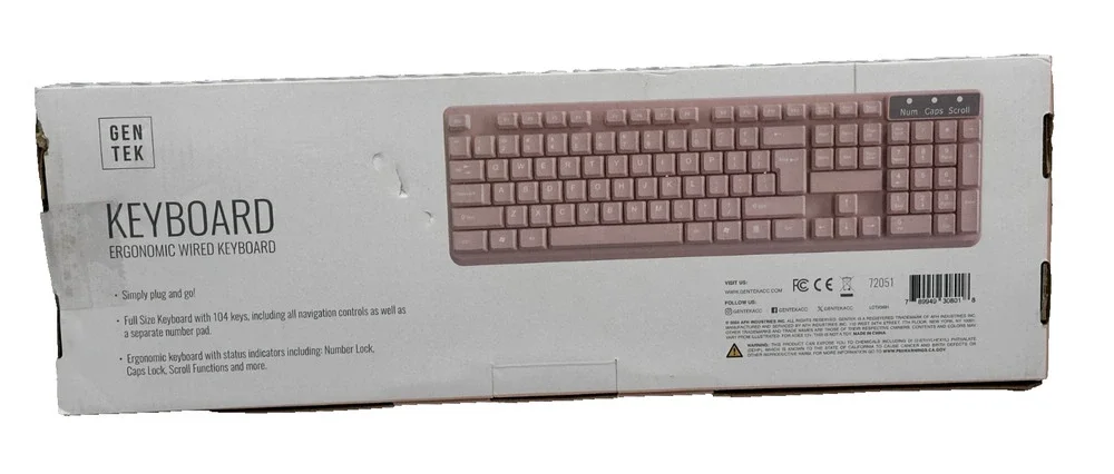 Gen Tek Ergonomic Wired Pink Keyboard Full Size USB Plug & Go With Number Pad